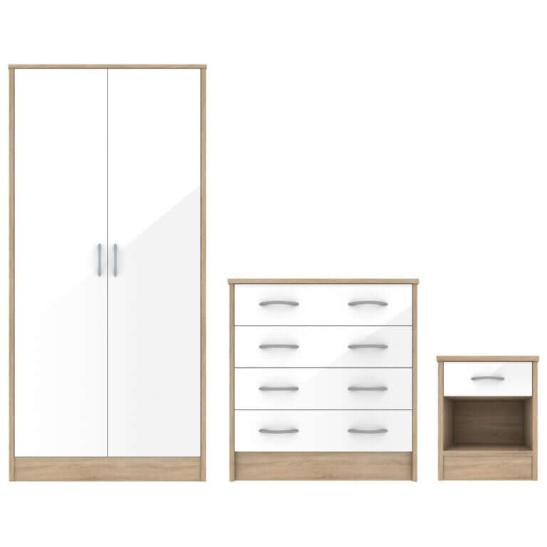 Alt Tag: Willoughby Trio Bedroom Furniture Set oak effect wardrobe, chest of drawers and bedside cabinet for stylish rental bedrooms